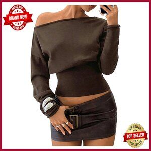 Off Shoulder Cropped Sweater Cinched Waist Knit Pullover Long Sleeve